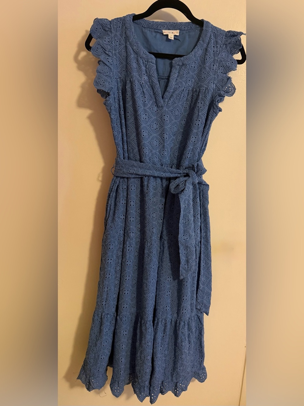 Roller Rabbit Eyelet Split-Neck Midi Dress in Dusty Blue like new worn one S